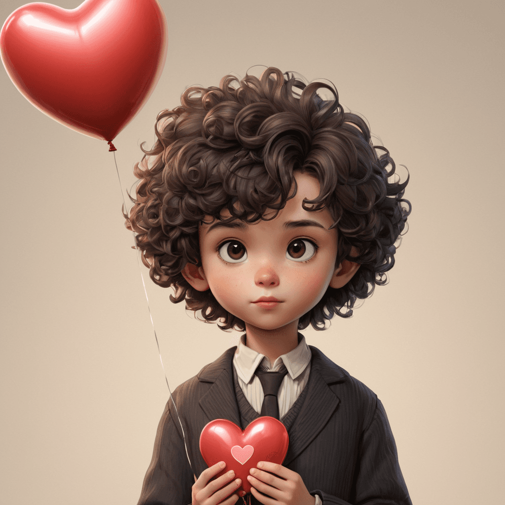 AI generated: A poster depicts a boy holding a heart shaped balloon, in the style of sketchfab, poodlepunk, warm t...