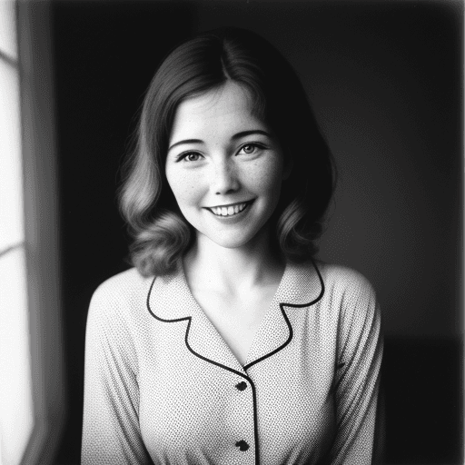AI generated: Whole body photo of a pretty woman wearing old-fashioned polkadot pajamas, smiling slightly, daytime...