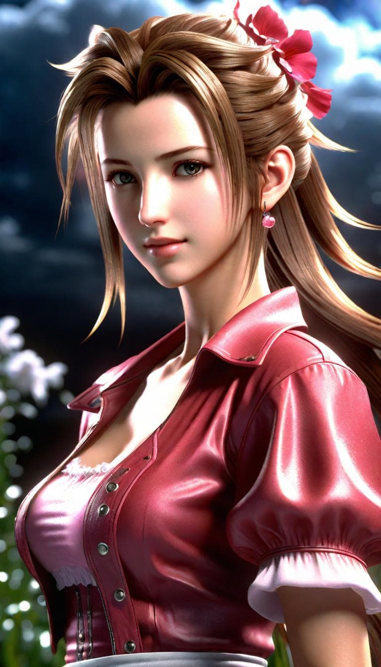 AI generated: AERITH from FINAL FANTASY with elegant features in the style of a Final Fantasy Graphics Designer, e...