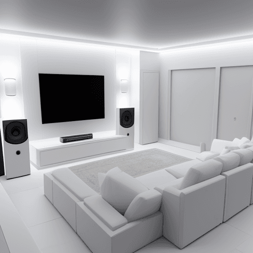 AI generated: all white, 3d render, isometric cutout view of a high-end home theater with cutting edge electronics...