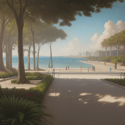 AI generated: Hyperrealistic oil painting painting of a mid-century park at eye level with ocean view, daylight, i...