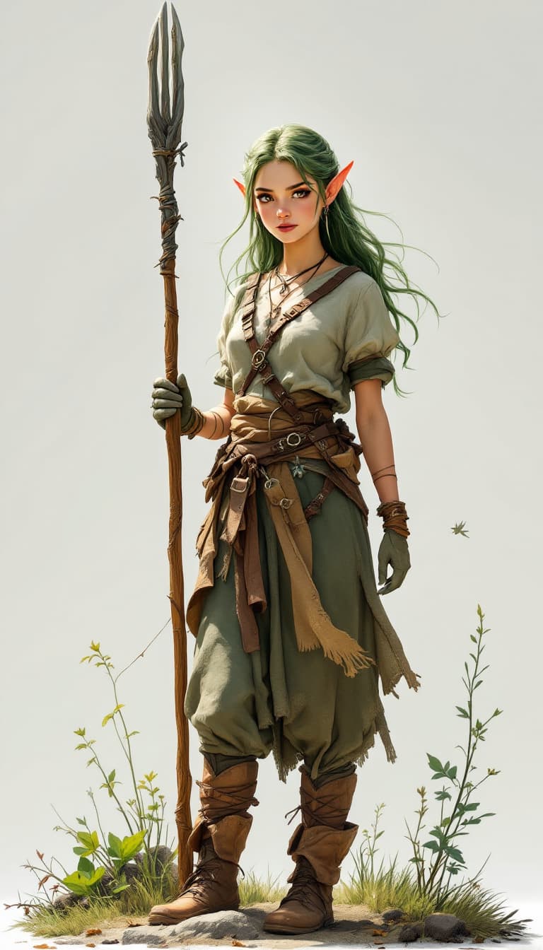 AI generated: A young elf woman stands with a sense of peace, her graceful form and free-flowing forest green hair...