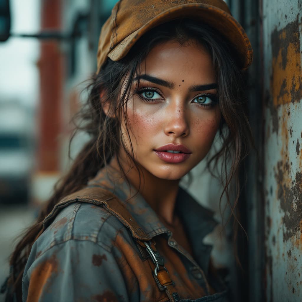 AI generated: full body photo portrait of a gorgeous indian female dressed as truck driver, truck in background, a...