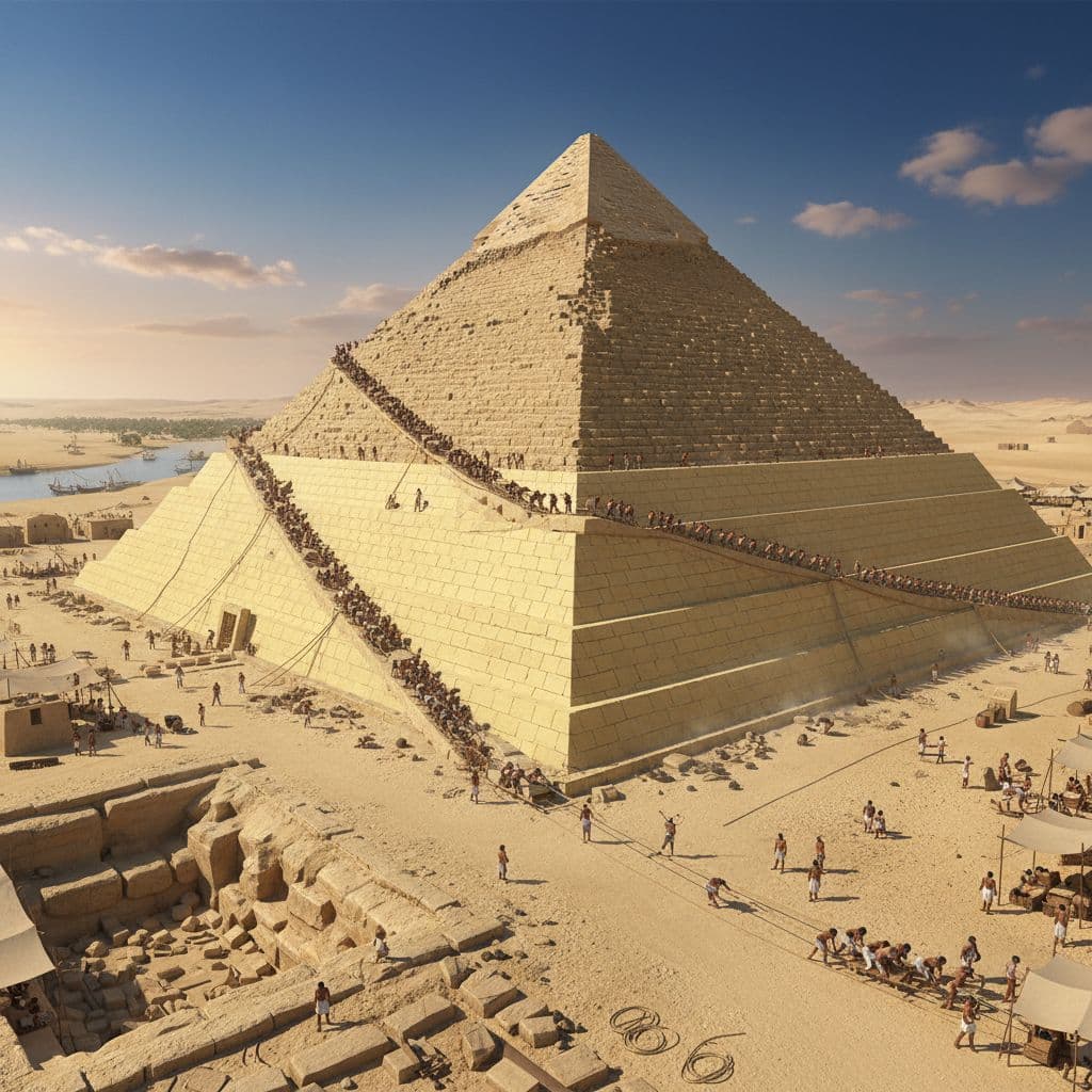 AI generated: Ultra-realistic 3D scene of the Great Pyramid of Giza under construction, workers hauling massive st...