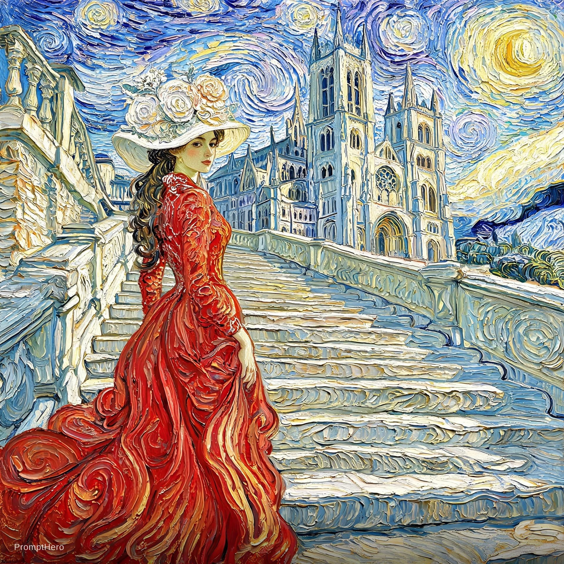 AI generated: An elegant woman wearing a white hat adorned with delicate embroidered flowers, dressed in a flowing...