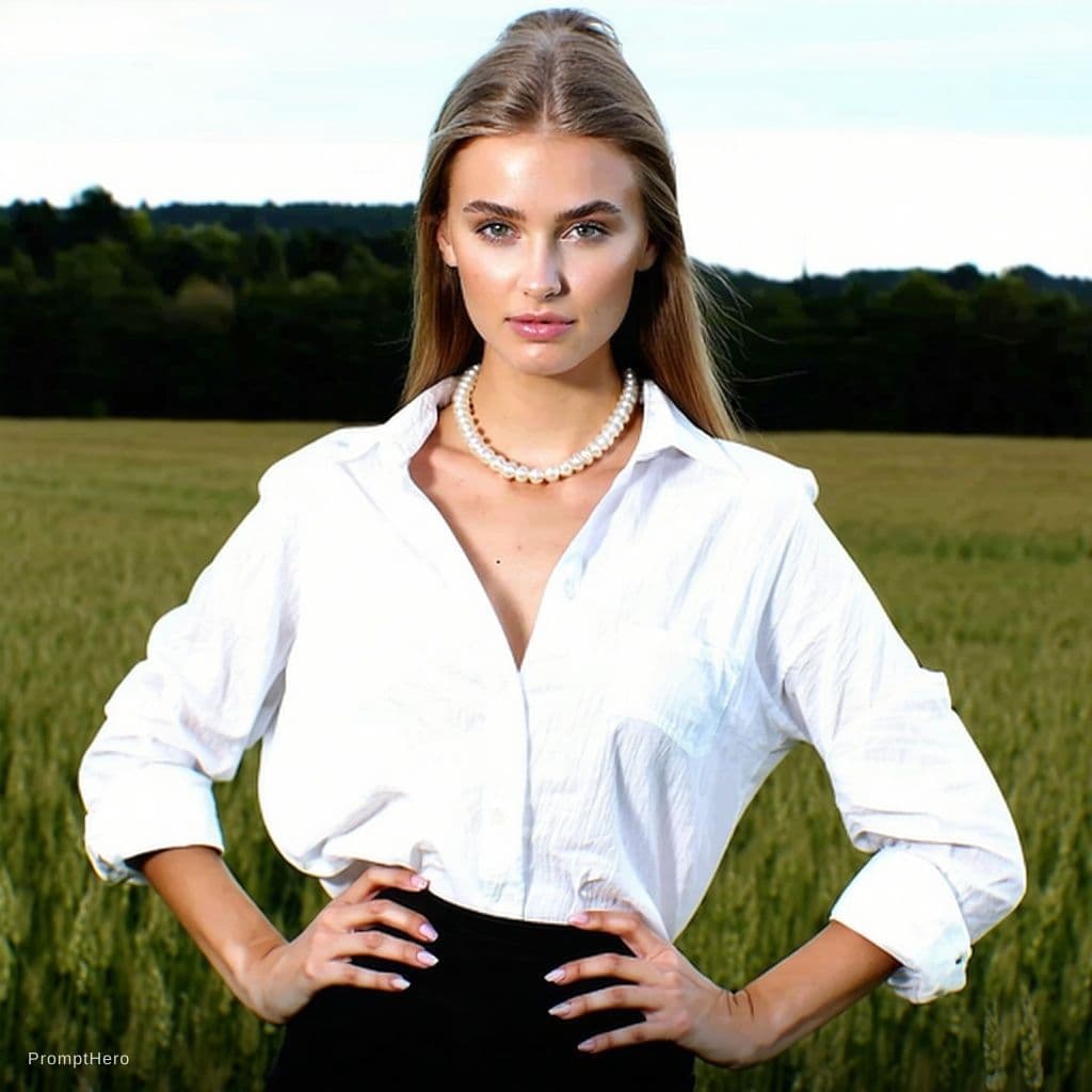 AI generated: The image features a beautiful young woman wearing a white shirt and a pearl necklace.She is standin...
