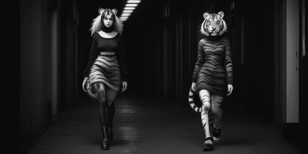 AI generated: https://s.mj.run/iRpsczKJr-c, a tiger girl is posing in a black and white dress, paolo roversi, furr...