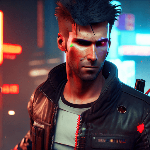 AI generated: a male protagonist of cyberpunk 2077 with a tuft, brown hair, red eyes, oily complexion, while killi...