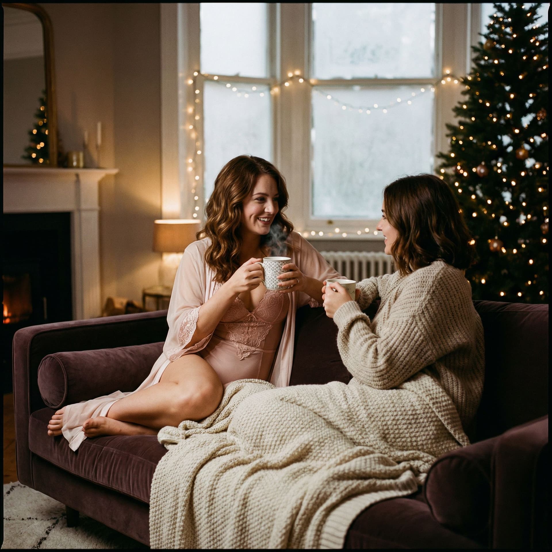 AI generated: A cozy, cinematic scene unfolds on a plush couch where a central woman in blush pink lace lingerie s...