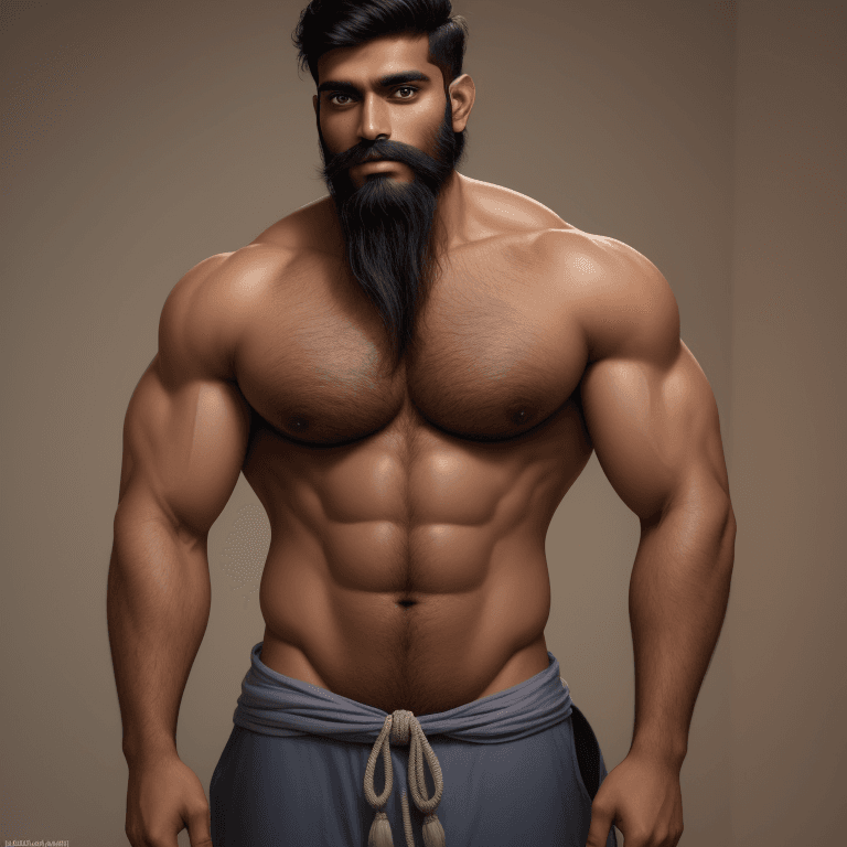 AI generated: handsome indian man, Very muscular, With beard, Showing his shirtless muscular body
