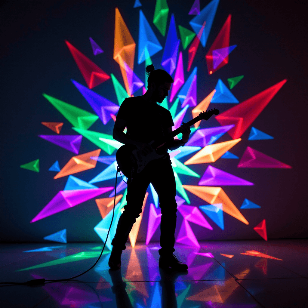 AI generated: A silhouette of a musician playing an instrument that manifests their emotions as ephemeral, colorfu...
