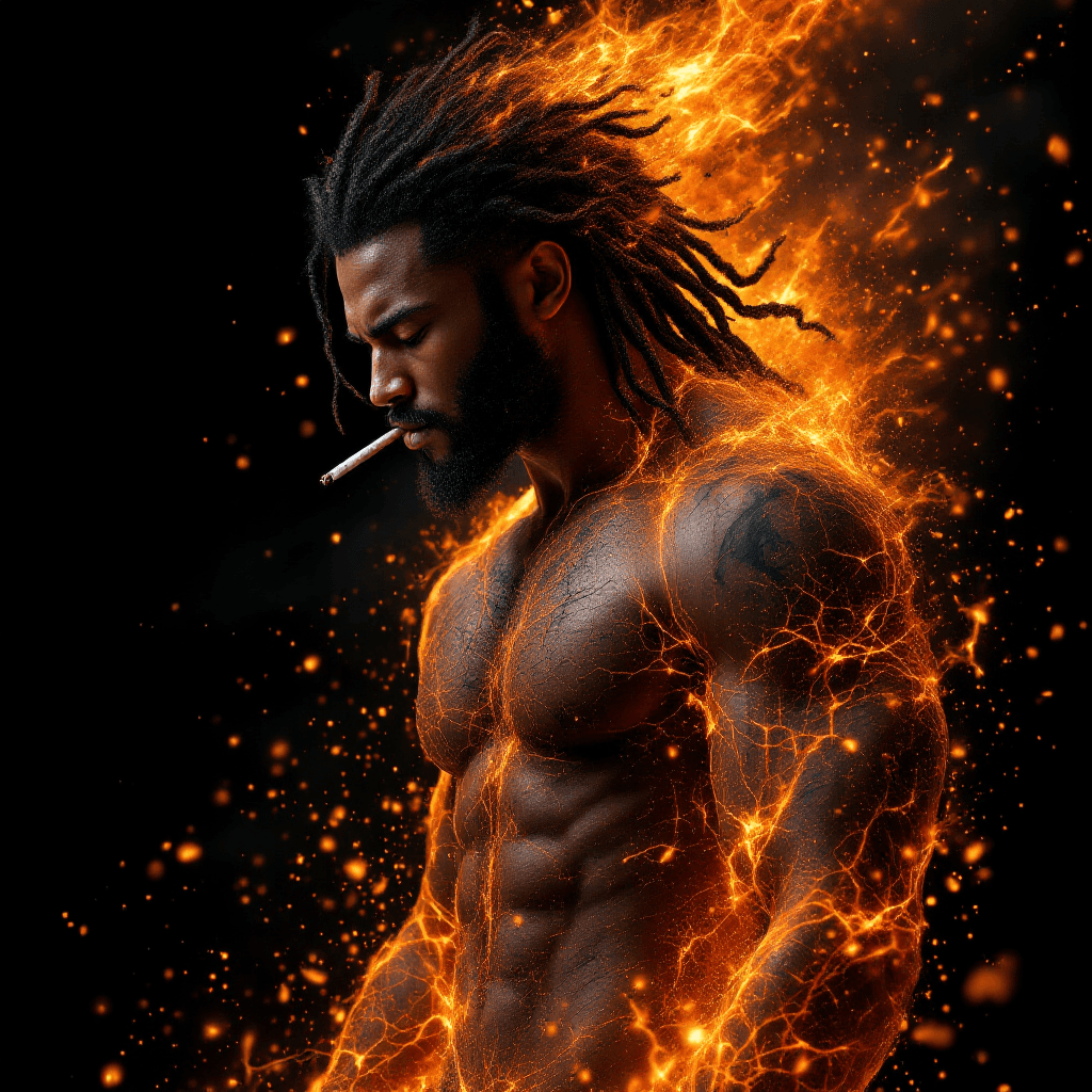 AI generated: Young black model as a god of fire disintegrating form lunging, with long black braids hair and tatt...