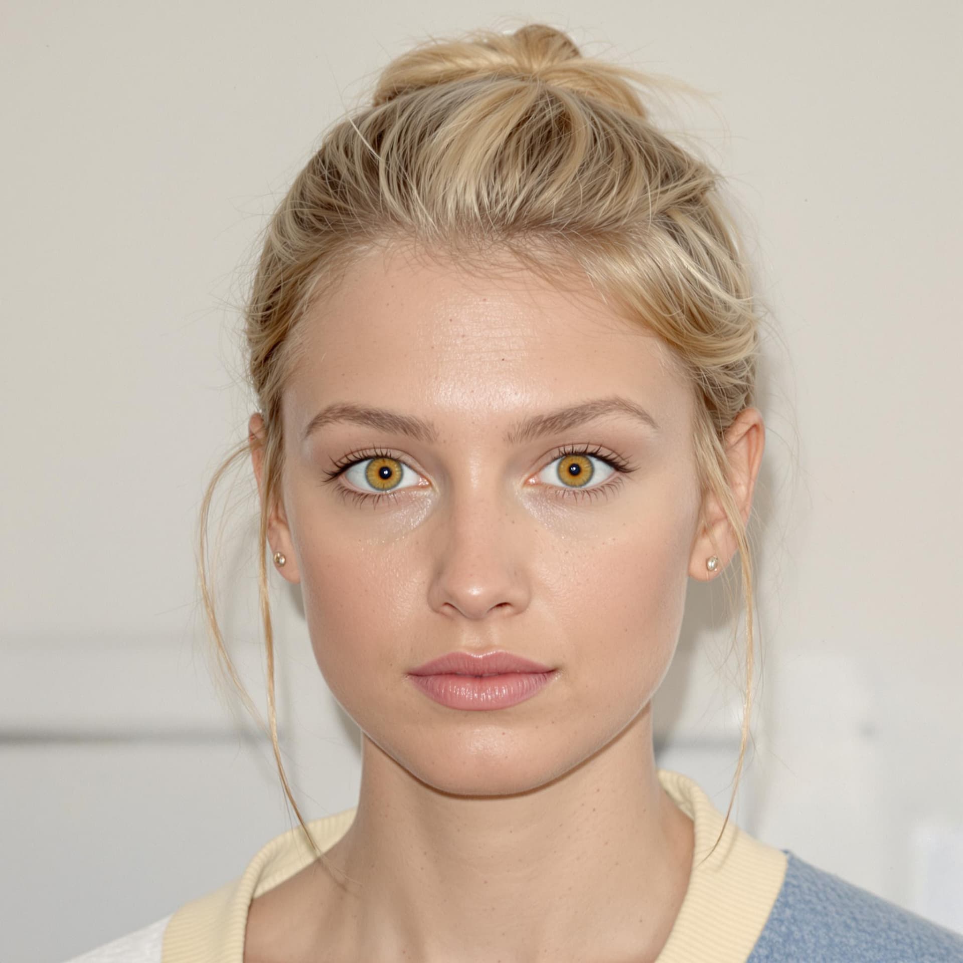 AI generated: A Real photograph of a blond women in her 20s, her hair is short with a small bun. She has yellow ey...