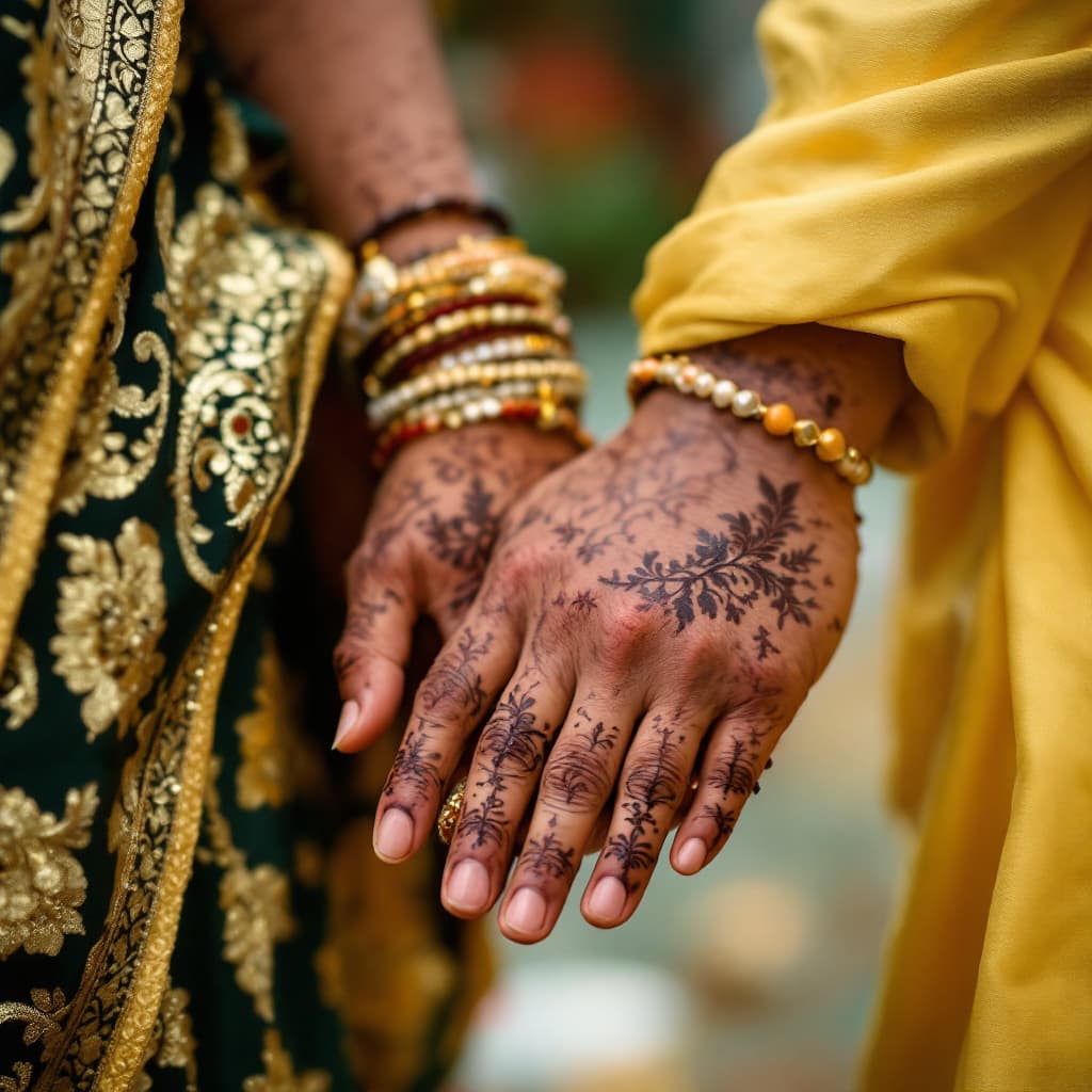 AI generated: Closeup image of Kerala couple holding hands on their wedding function. Girls hands without mehandi,...