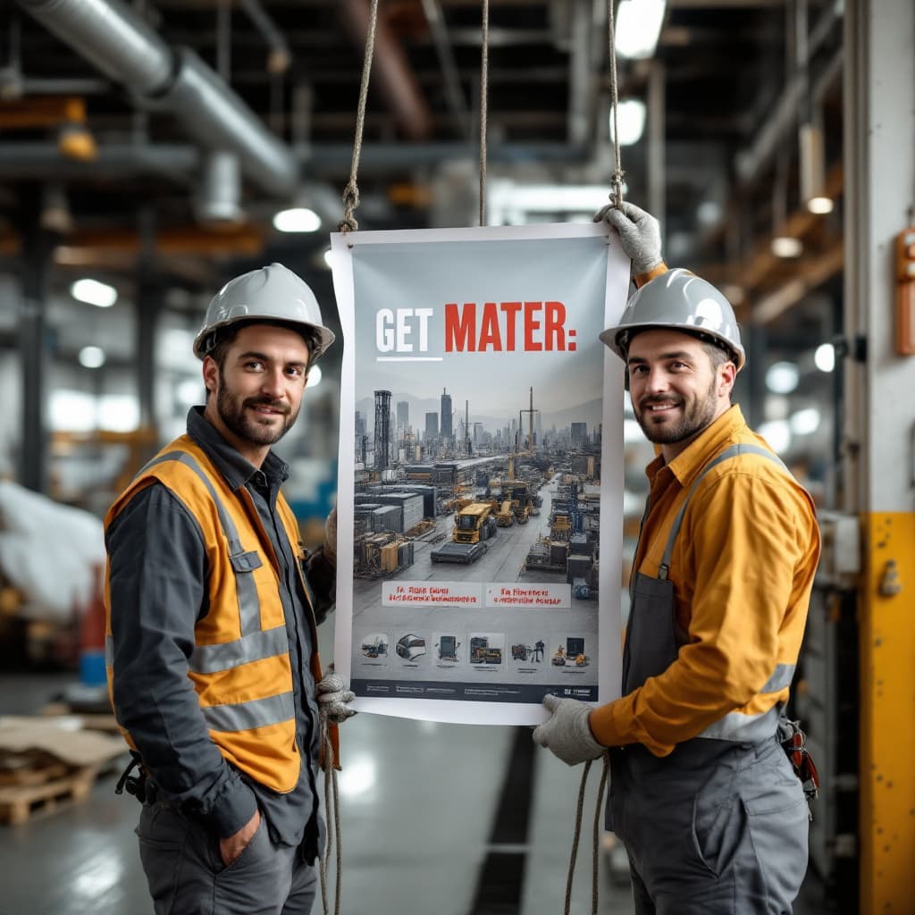 AI generated:  In the photo, two male workers at a factory are hanging a poster, looking at the camera, holding ro...