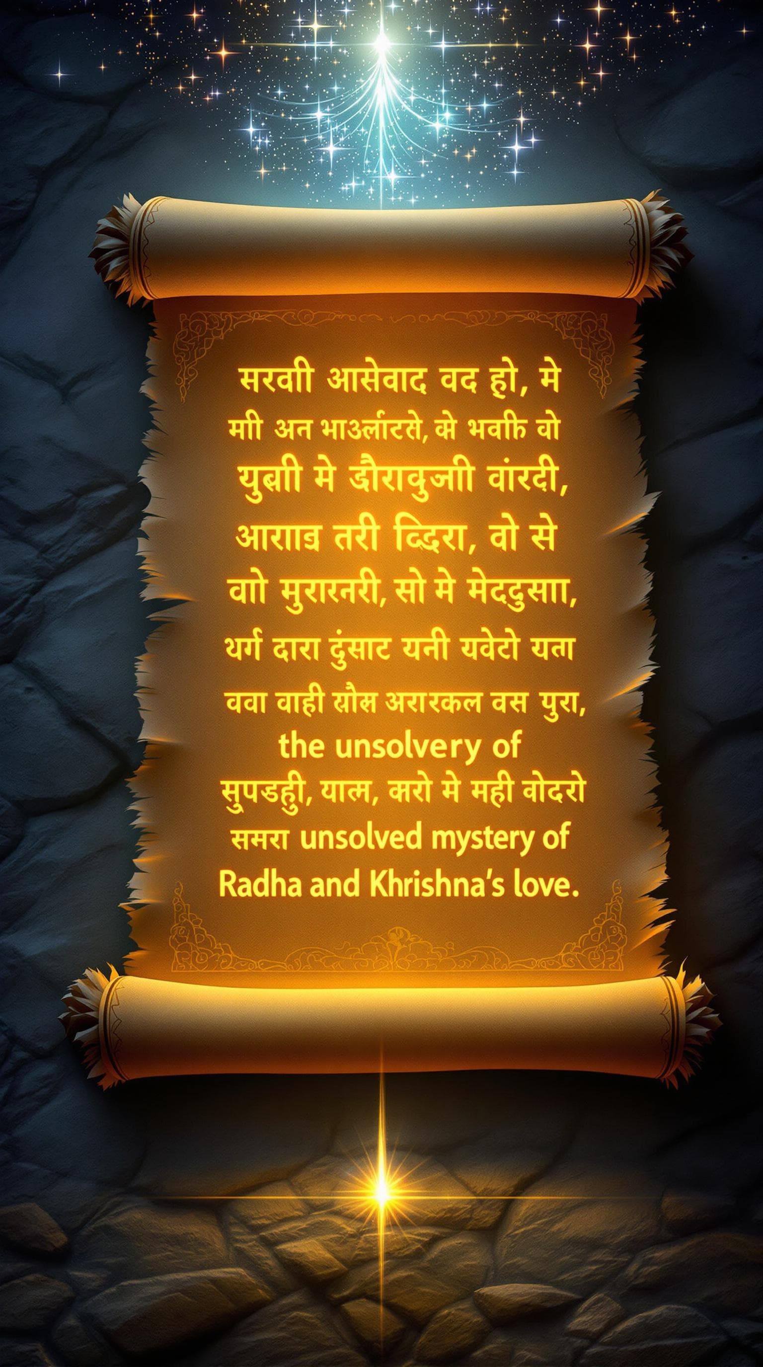 AI generated: Image Prompt: "A mystical and ancient scroll lying open, with a glowing Sanskrit script on it, surro...