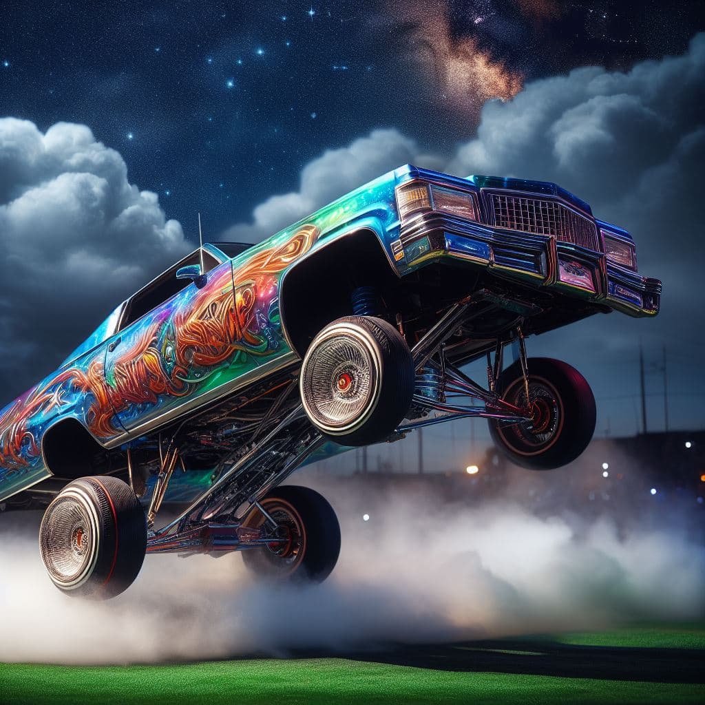 AI generated: A lowrider bouncing up in the air with its hydraulics activated and covered in an amazingly beautifu...