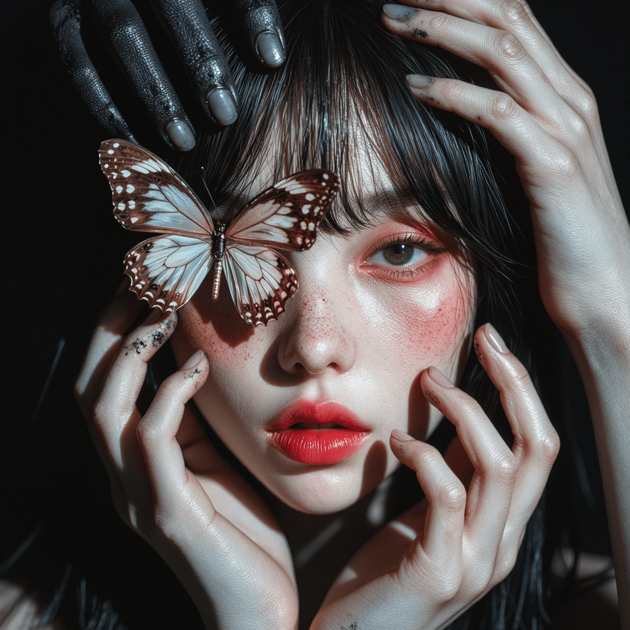 AI generated: A highly detailed, photorealistic, avant-garde vertical close-up portrait of a stunning young East A...