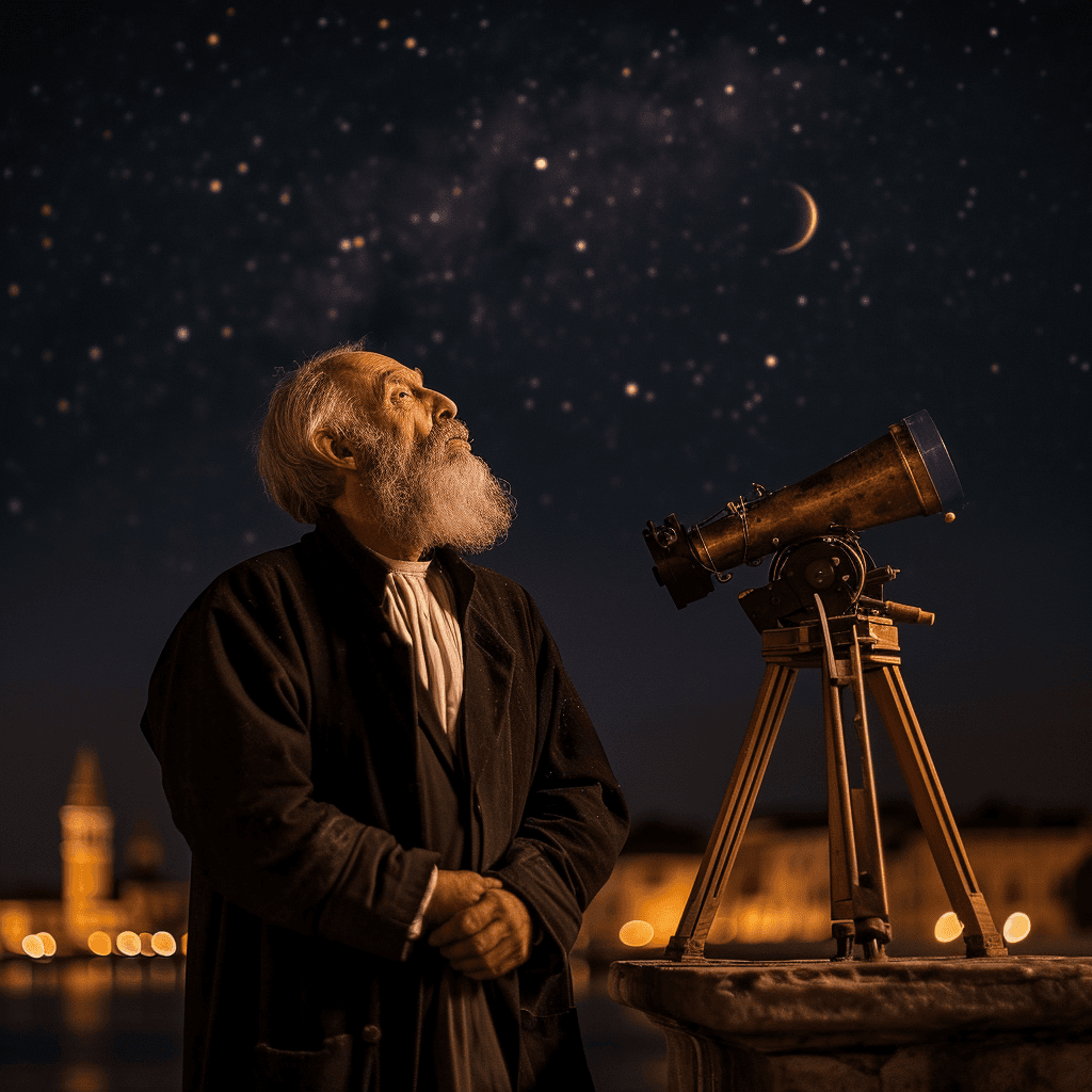 AI generated: photography of Galileo Galilei , standing next to his small telescope at night, looking up to the sk...