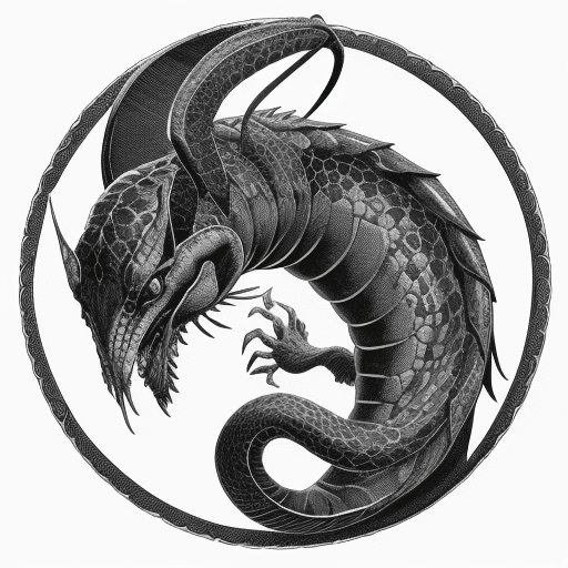 AI generated: black and white engraving, ouroboros, vintage, ink, white background