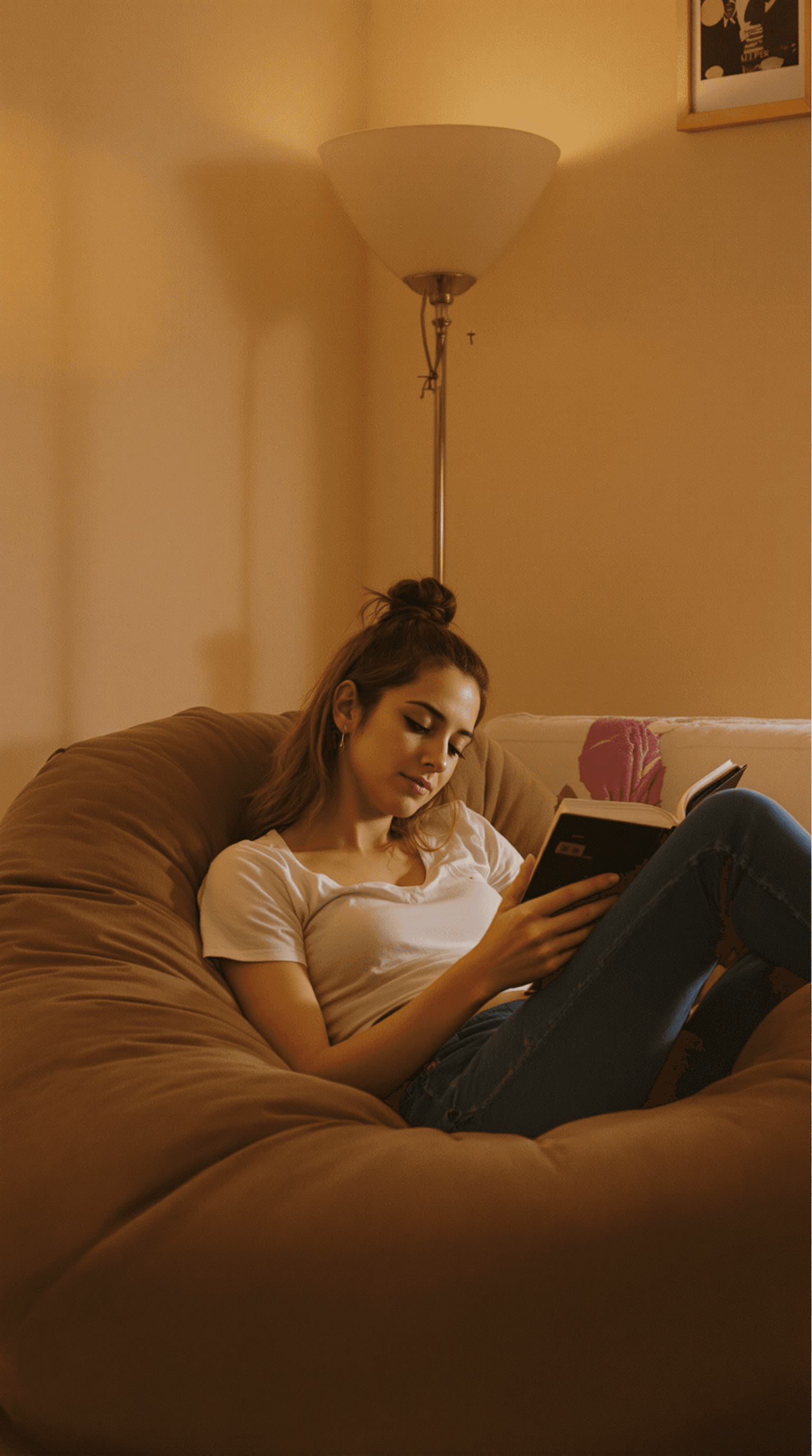 AI generated: Informal portrait, girlfriend in a comfortable living room setting, she's sitting on a beanbag chair...