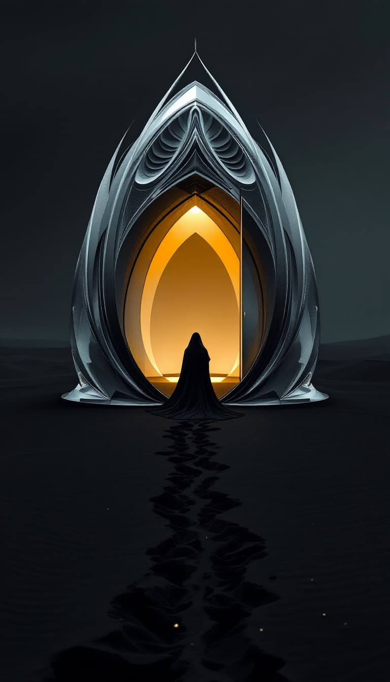 AI generated: Photography, symmetrical asymmetry, a small shelter, one people, elegant aluminium enveloppe, black ...