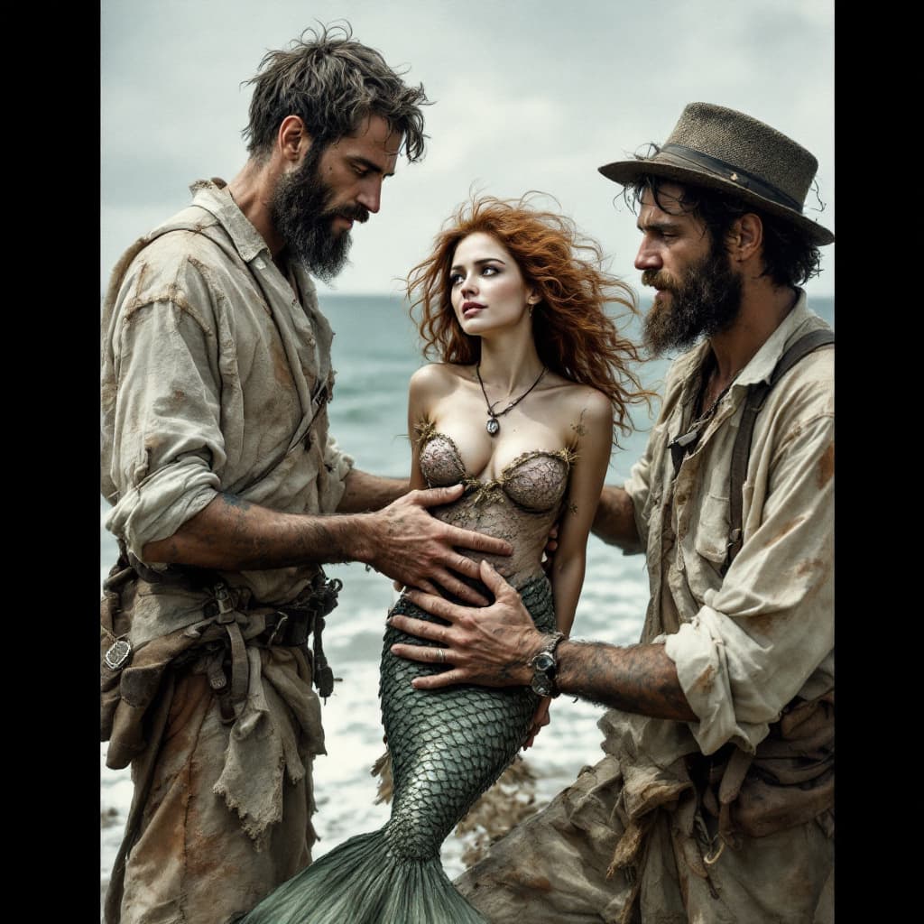 AI generated: An image of fishermen wearing simple, torn clothes by the seaside, holding a beautiful mermaid in th...