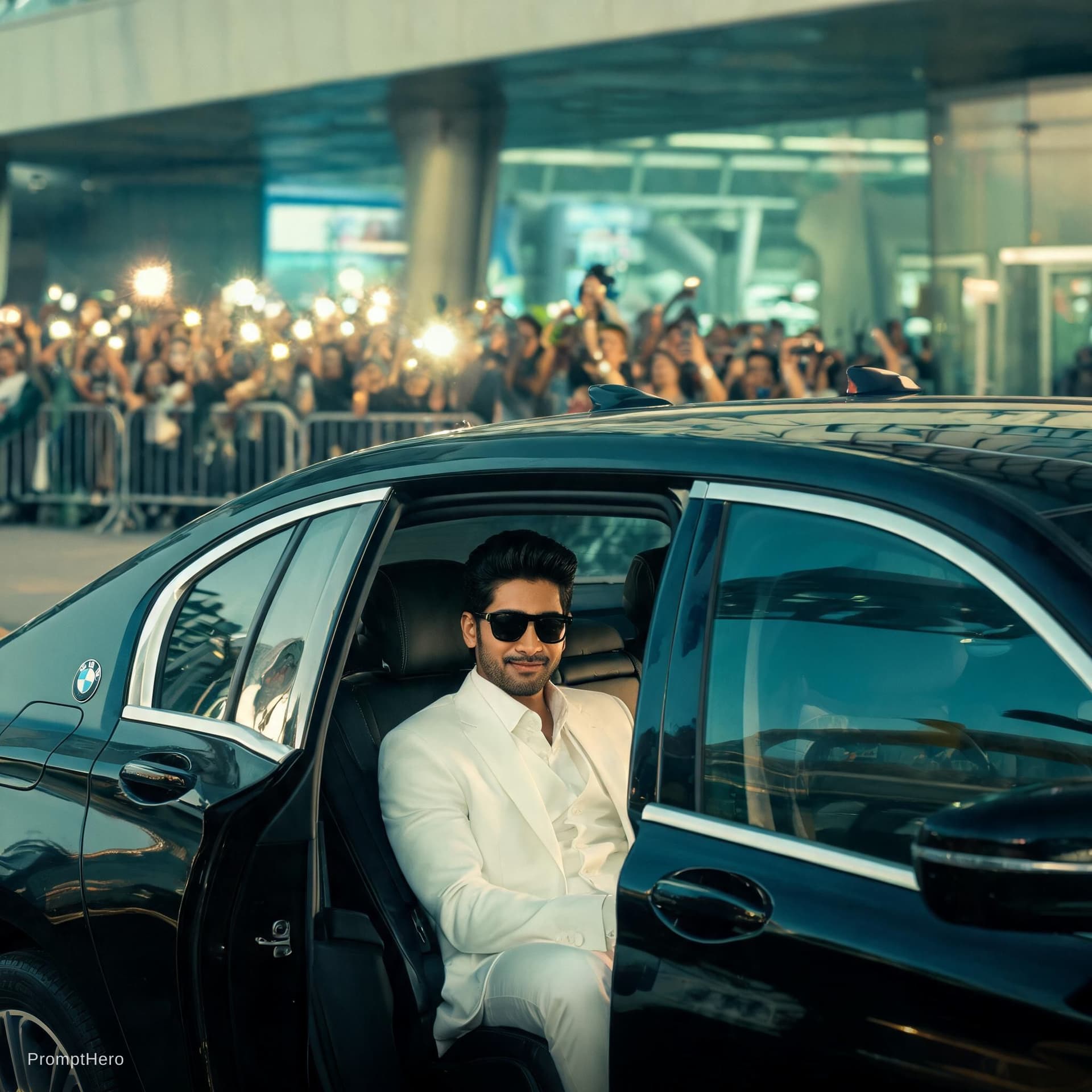 AI generated: “A cinematic, ultra-realistic celebrity arrival sequence shot on ARRI Alexa with anamorphic lenses, ...