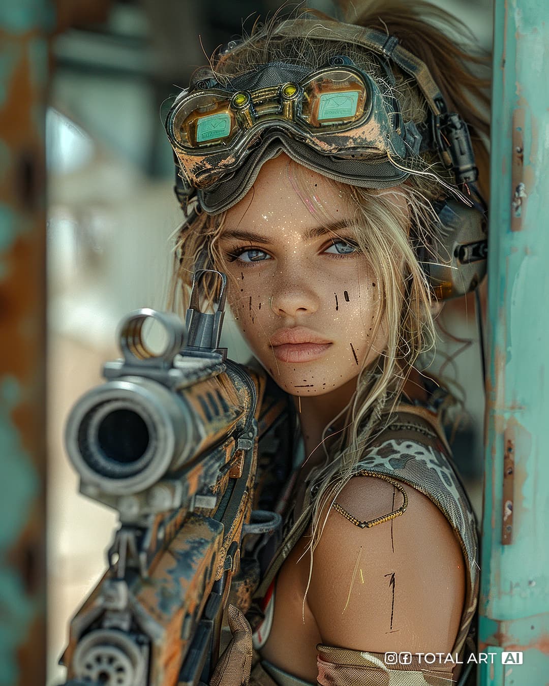 AI generated: Young beautiful redneck soldier woman with cybernetic goggles and sleeveless camouflage shirt, carry...