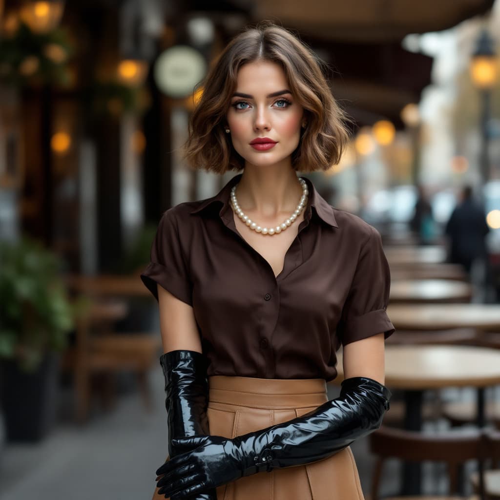 AI generated: 40 year old elegant, serious looking caucasian lady with brown hair in a bob, blue eyes. Wearing a d...