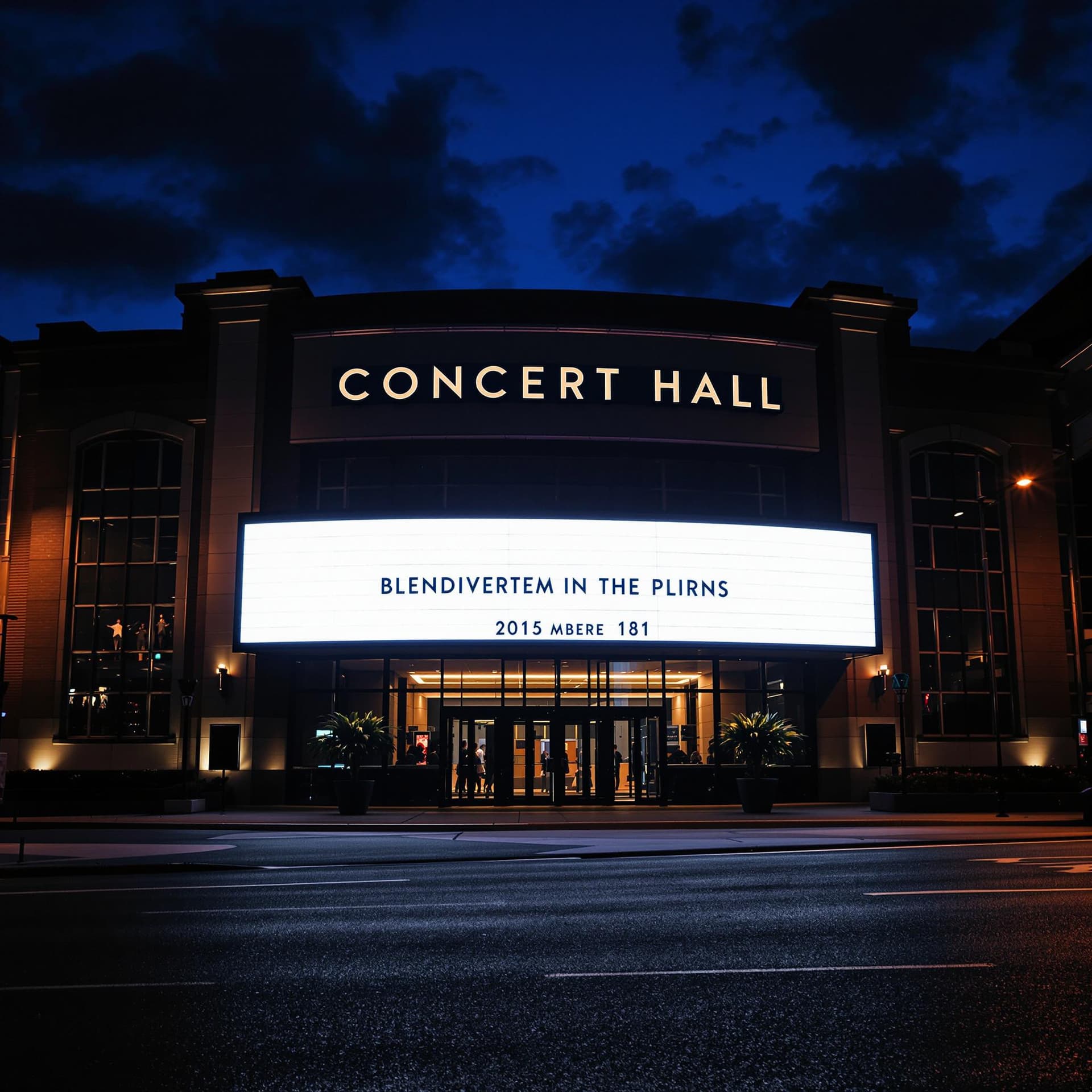 AI generated: outside view of a concert hall at night with a big sign on the front