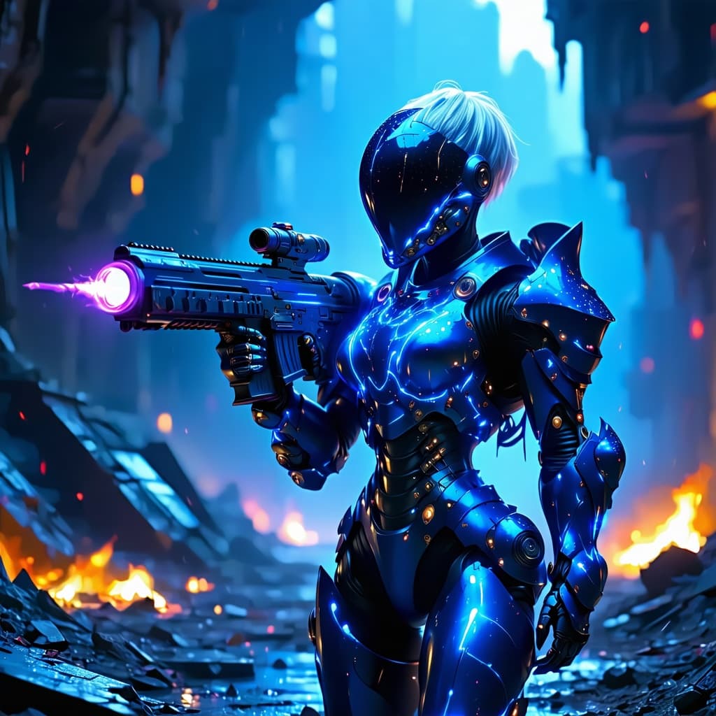 AI generated: A stunningly beautiful and fierce female space marine heroine with sharp angular features, piercing ...