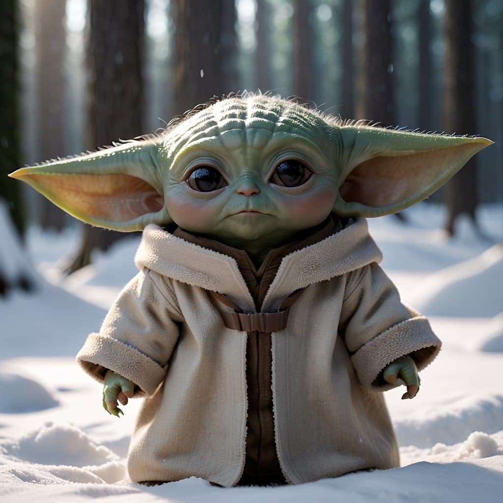 AI generated: <lora:openjourneyLora_v1:1> realistic (baby yoda:1. 1) with cute eyes, beautiful snowy scene, 8k, hi...