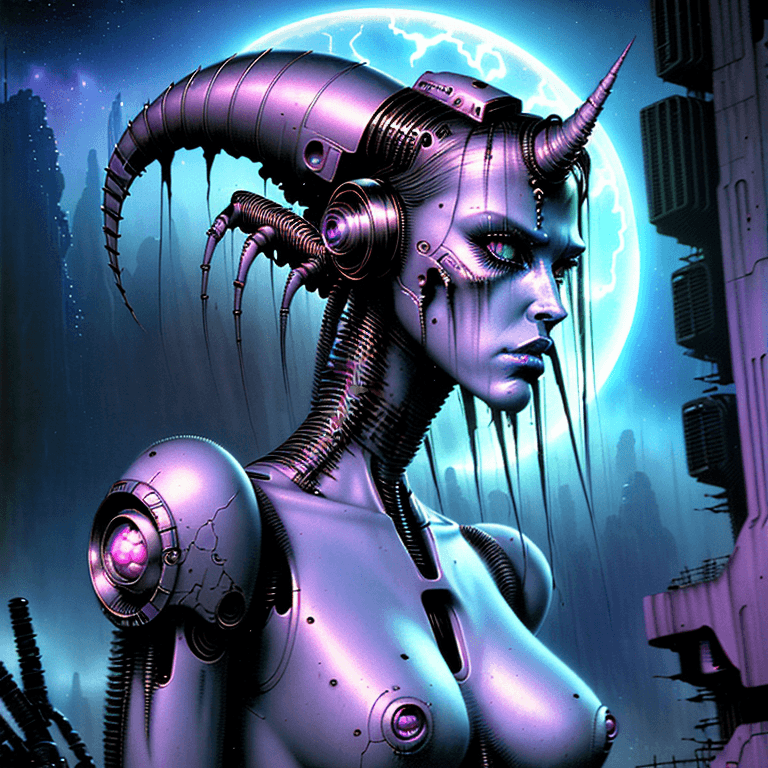 AI generated: a perfect Beautiful Amazing!! android female post apocalyptic retrowave synthwave cyborg, space age,...