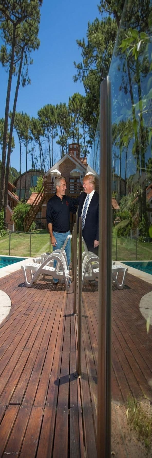AI generated: Haz a estos dos hombres abrazados de lado y sonriendo al lado de la piscina