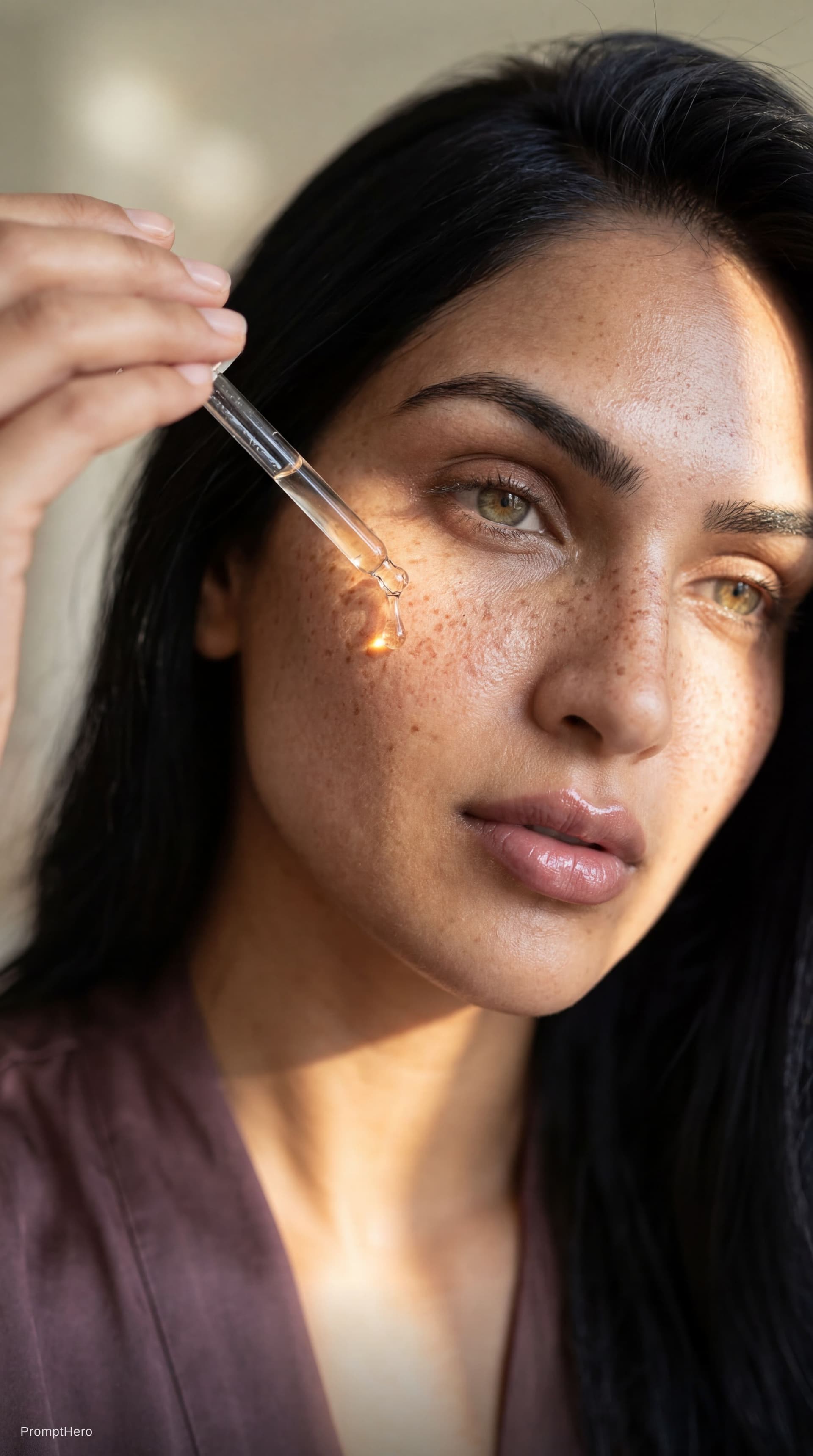 AI generated: A close-up of a white woman holding a dropper above her cheek, releasing a drop of serum. The camera...