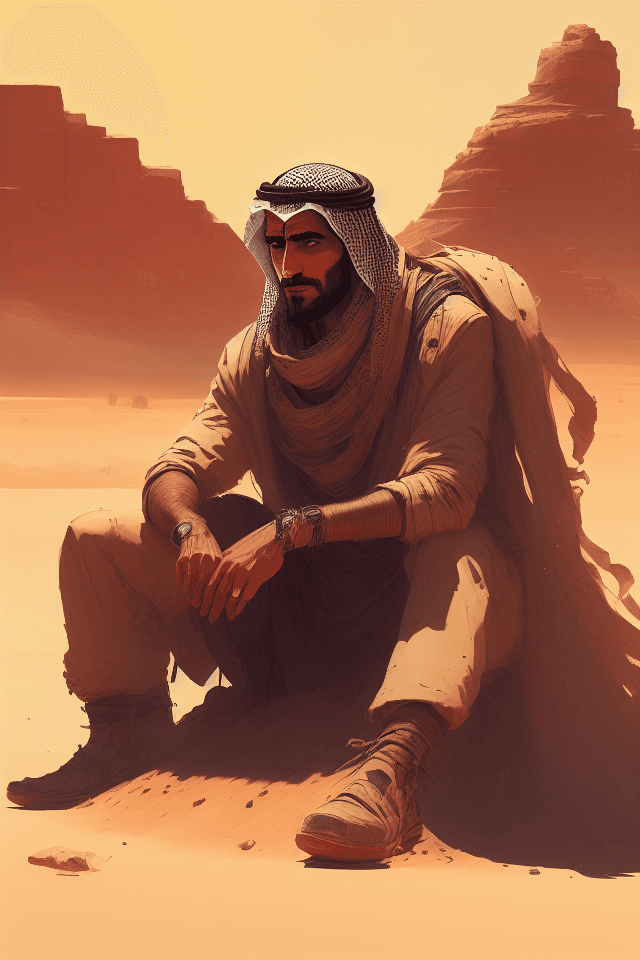 AI generated: Portrait of an arab man sitting in the middle of a desert with sand around, keffiyeh, kufiya, illust...