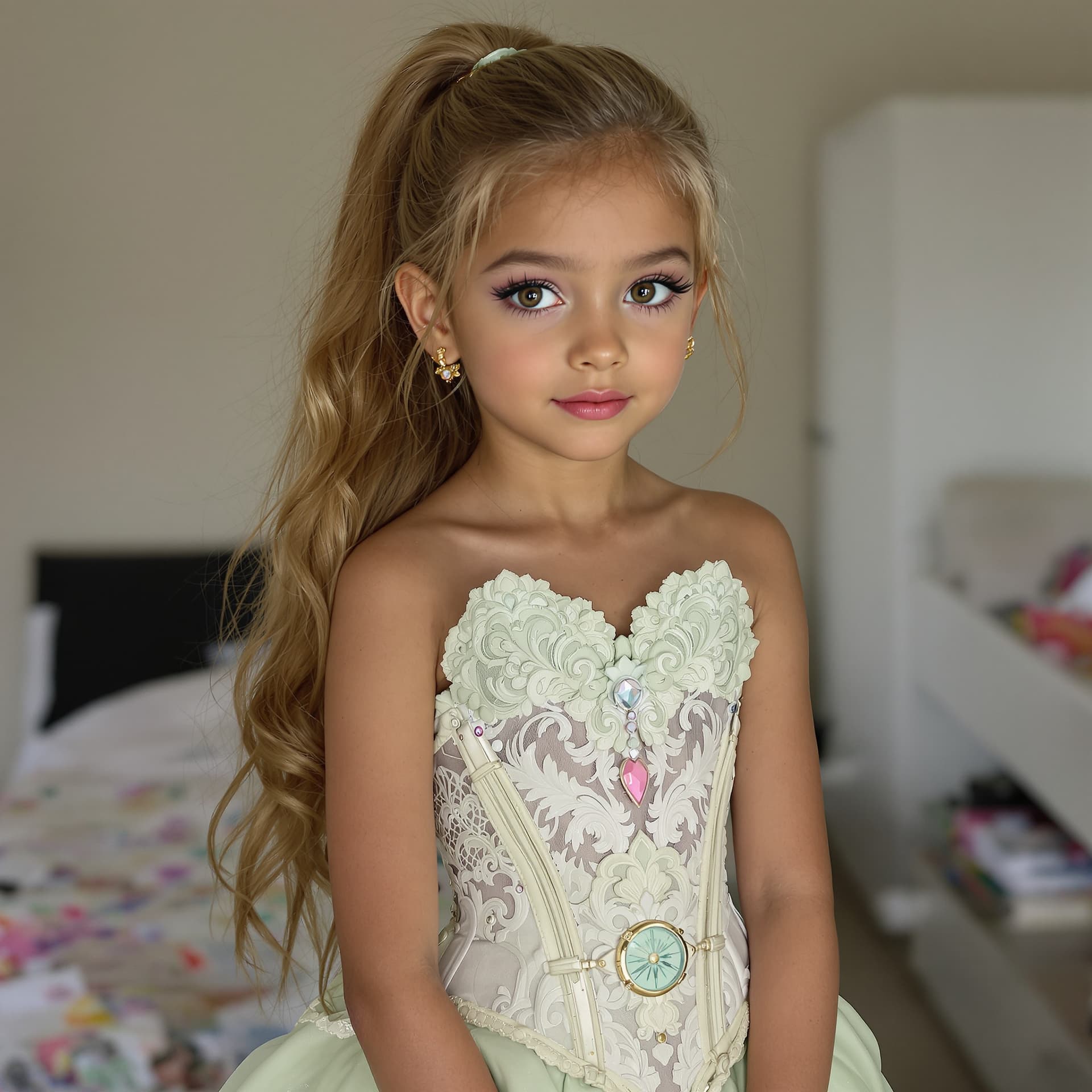AI generated: A professional photograph of an extraordinarily beautiful second-grade girl, captured with exception...