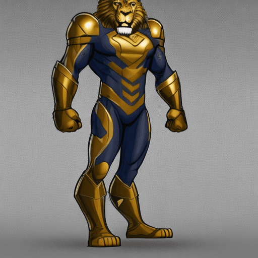 AI generated: full body pose. A Lion themed superhero with a form fitting hero suit that covers him