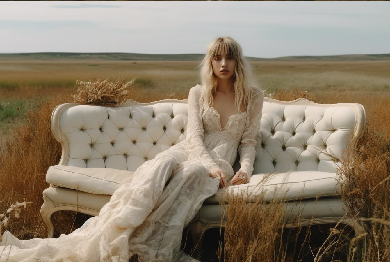 AI generated: a woman sitting on top of a couch in a field, skinny girl in white boho dress, lalisa manobal, allur...
