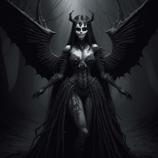AI generated: In this portrait, Serqet is shown in her Dark Lord skin, standing in a dark and twisted version of t...