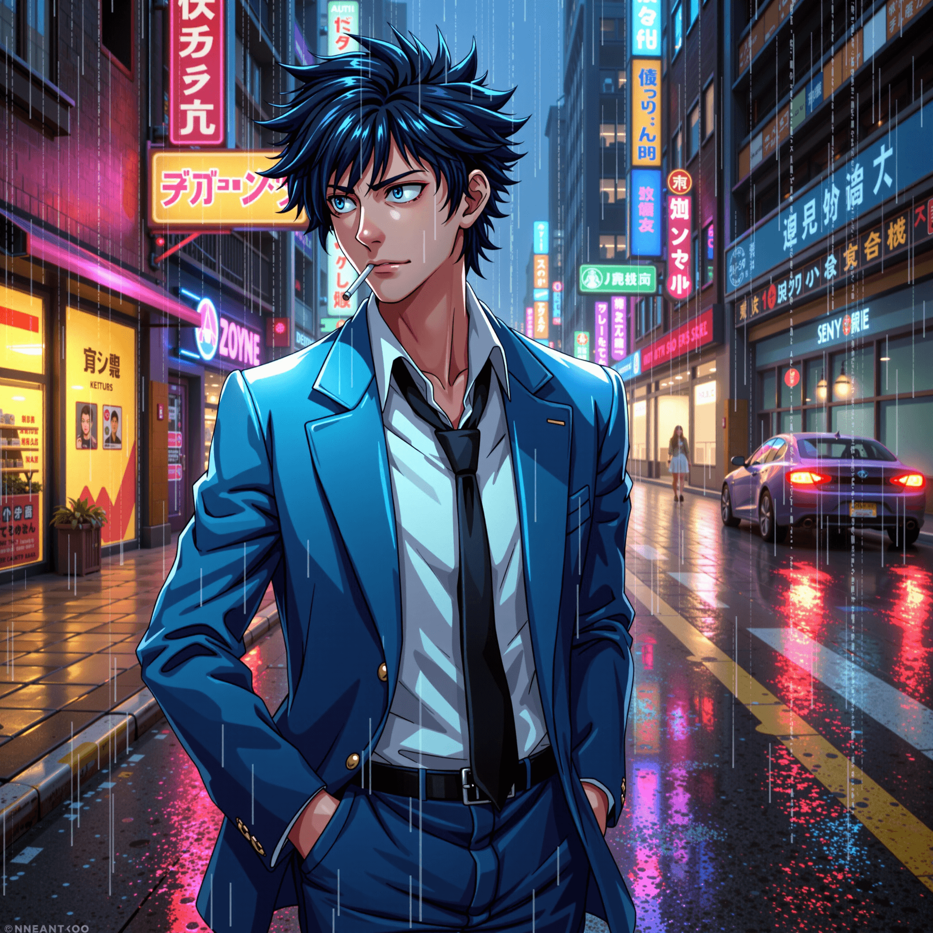 AI generated: An ultra-realistic portrait of Spike Spiegel standing in a neon-lit futuristic city alley at night. ...
