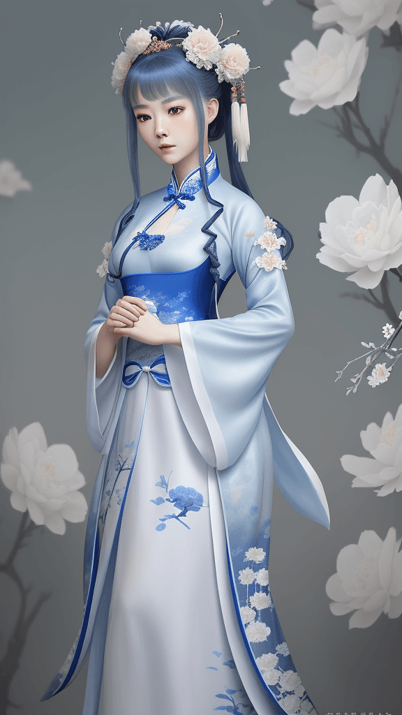 AI generated: A woman in a blue and white dress with flowers in her hair, hanfu, palace, girl in hanfu, blue hanfu...