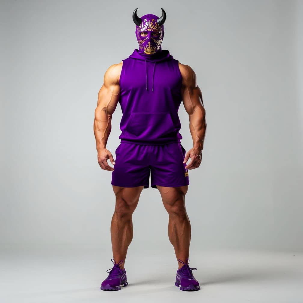 AI generated: A big muscular man wearing royal purple short shorts with a royal purple tank top with a hood plus a...