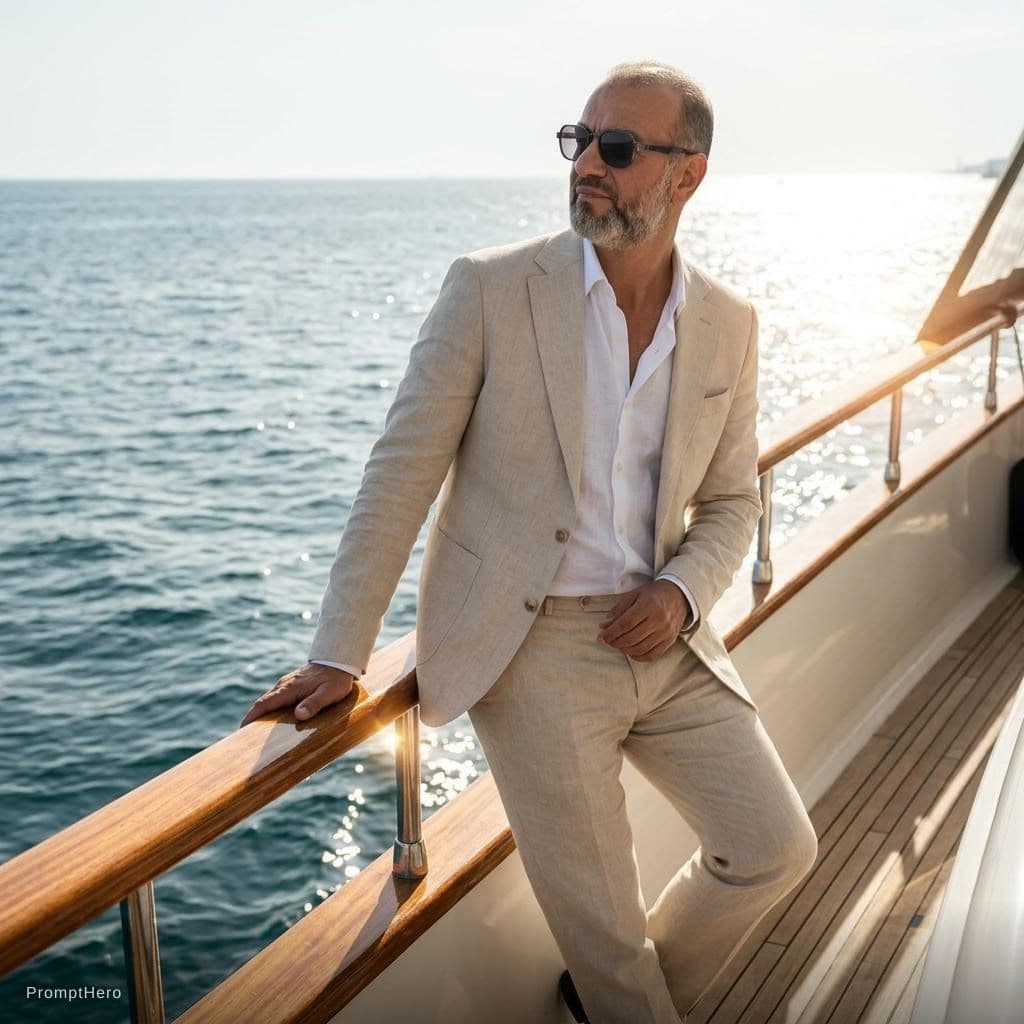 AI generated: Create a high-end fashion image of a male model wearing a tailored summer suit with an open shirt. P...