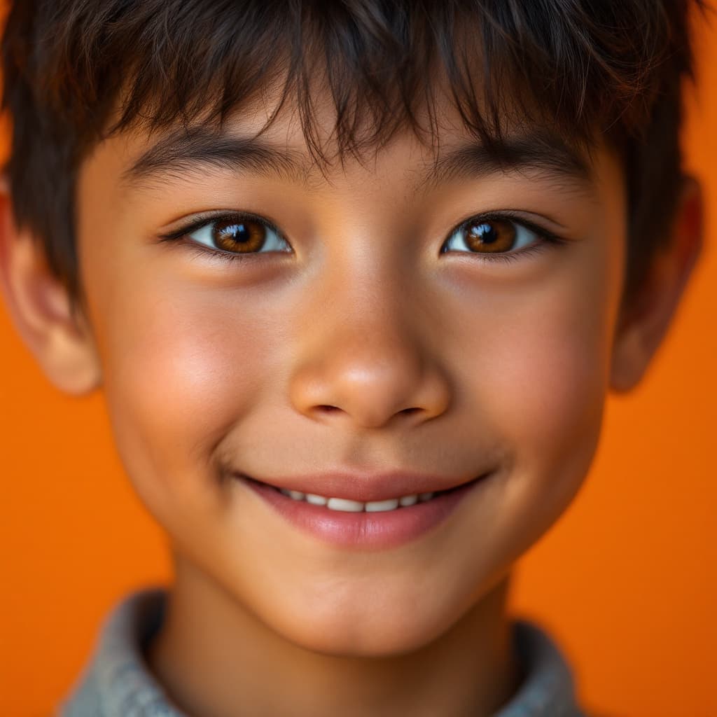 AI generated: high resolution photography, front shot, face close-up, professional 8years old asian boy model, smi...