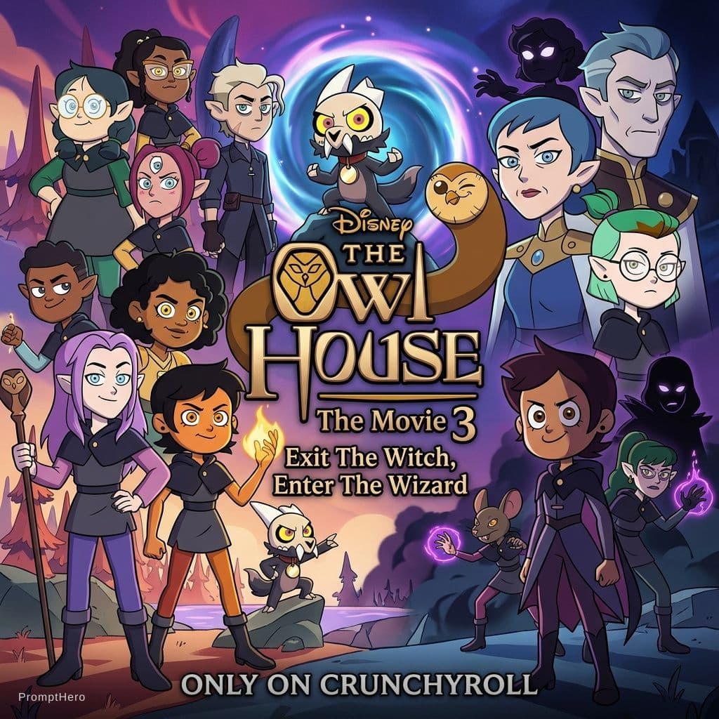 AI generated: The Owl House The Movie 3: Exit The Witch, Enter The Wizard logo, featuring protagonists: a young ad...