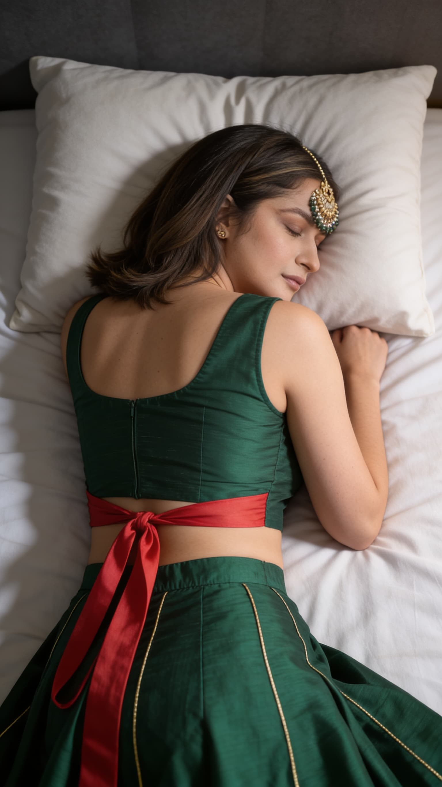 AI generated: Create the ultra high realistic image as this Pakistani women is sleeping lying face down on bed wit...