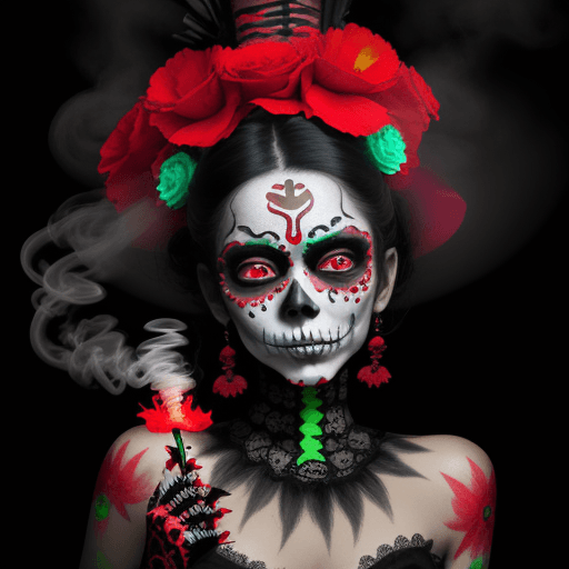 AI generated: mexican catrina with neon smoke with red flowers on her head and death painted face