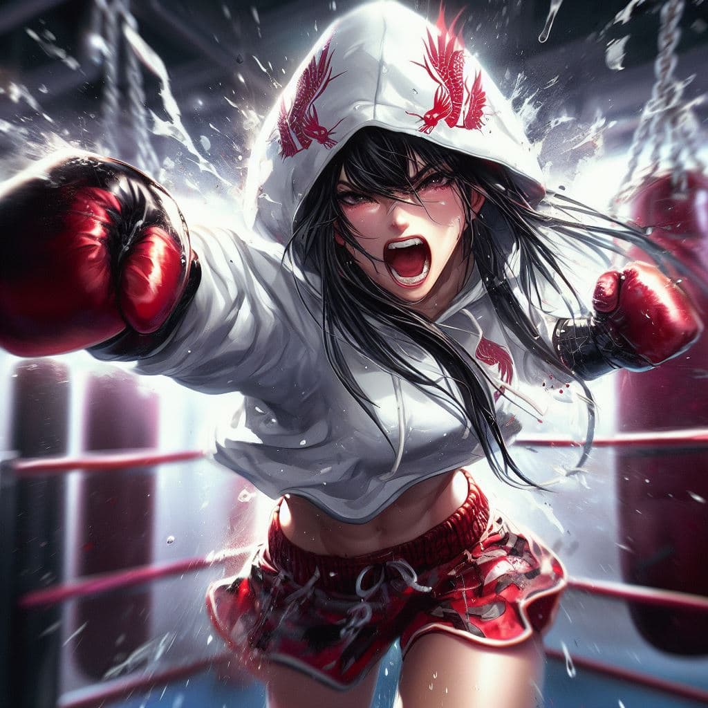AI generated: A stunning shy fearcefull boxer woman, screaming, agressive, exausted, intense shadow boxing, sweat,...